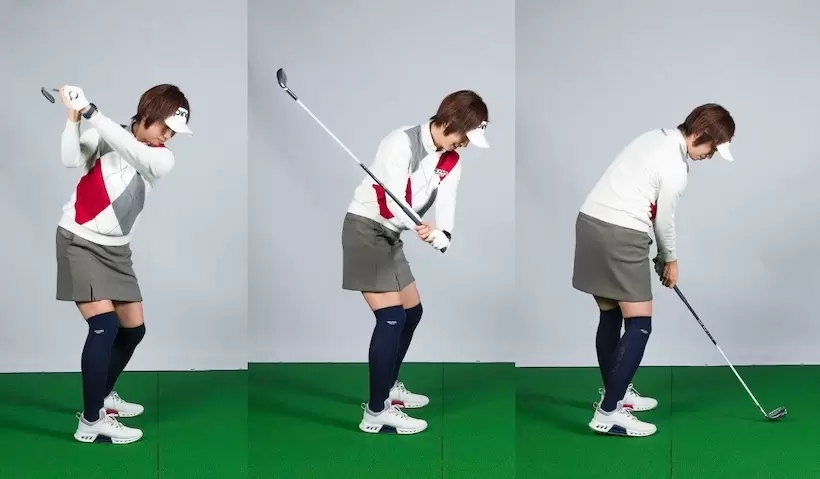 トップの位置は低く感じるかもしれなが、右手主導でなくなったことで体が回っているのでOK。そのまま体の回転でインパクトに向かえばいい。