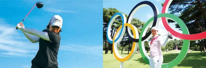 畑岡奈紗スイング、五輪エンブレム前の畑岡奈紗