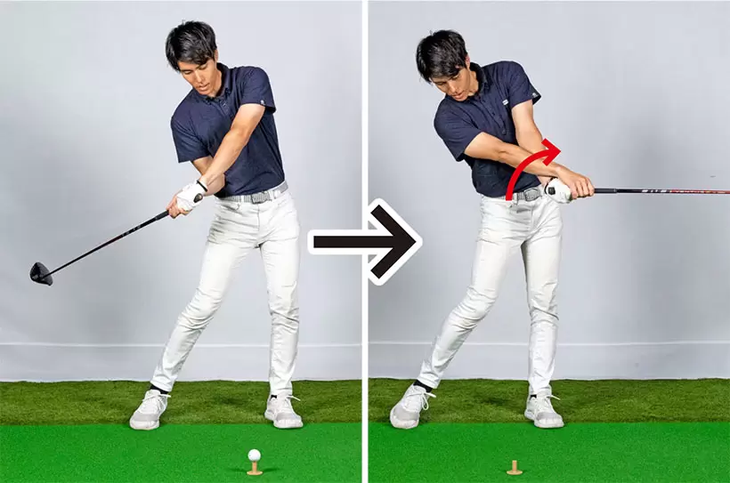 ダウンスイングでクラブが寝てインパクトで手が急激に返るとフェースがかぶって当たる。