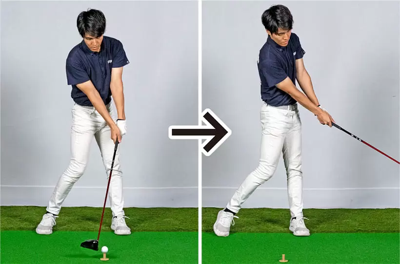 腕とクラブを胸の真正面にキープする感覚がつかめたらインパクトの正確性がアップする。