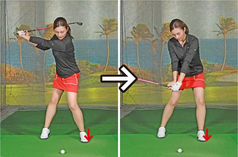 アドレス時の左足重心のままでスイングするだけでOK。バックスイングの回転がスムーズで、ダウンスイングのリリースのタイミングも揃いやすい。