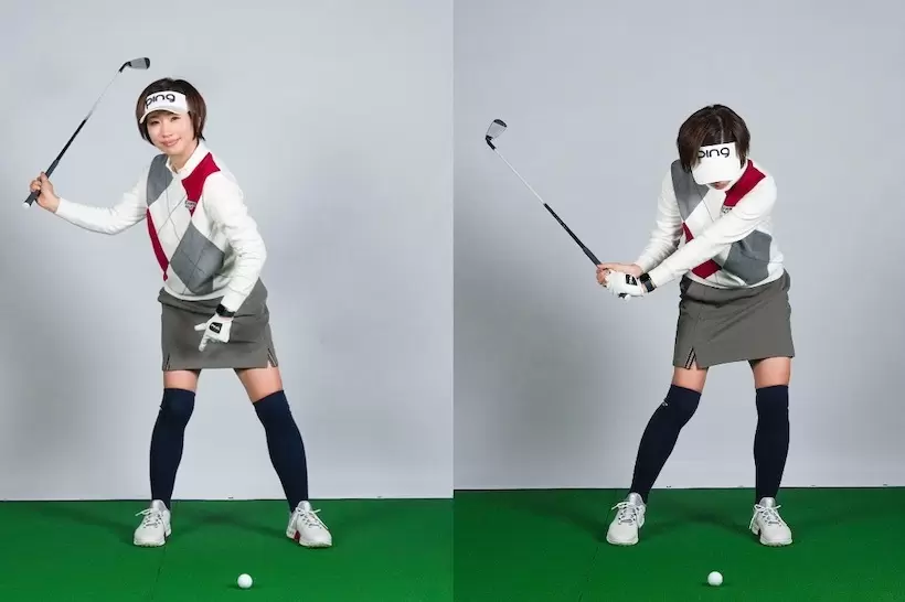 右足の上で回転するイメージでダウンスイングすると上半身が突っ込まなくなる。