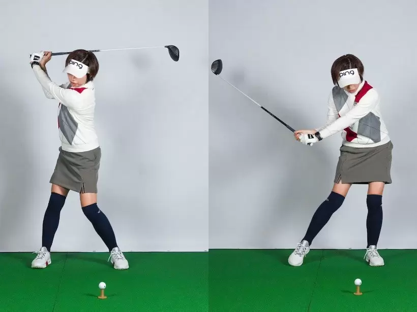 トップで右足に体重が残ってリバースピボット気味になり右ワキが伸びる。ダウンスイングでは腰が左にスライドしてクラブが遅れる。