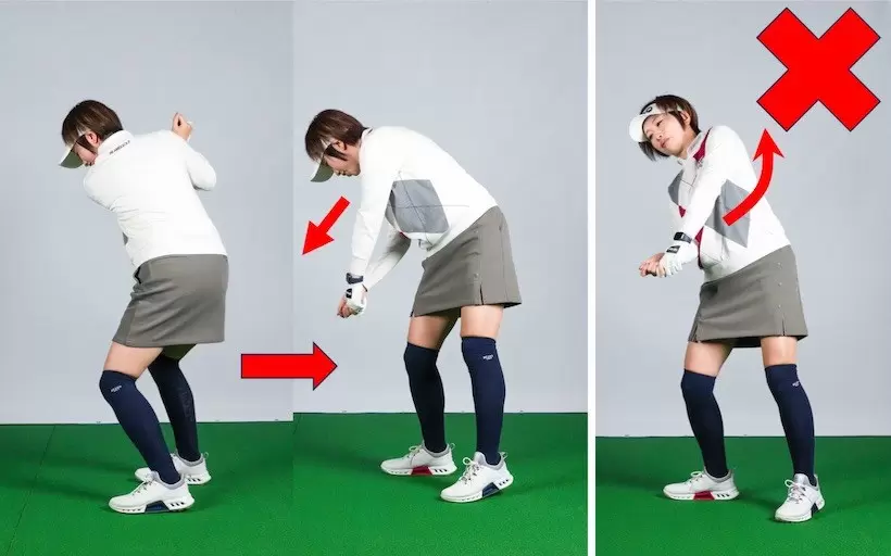 左足を後ろに引くドリルは胸を下に向けたままやるのがポイント。引くと同時に上を向きやすいので気をつける