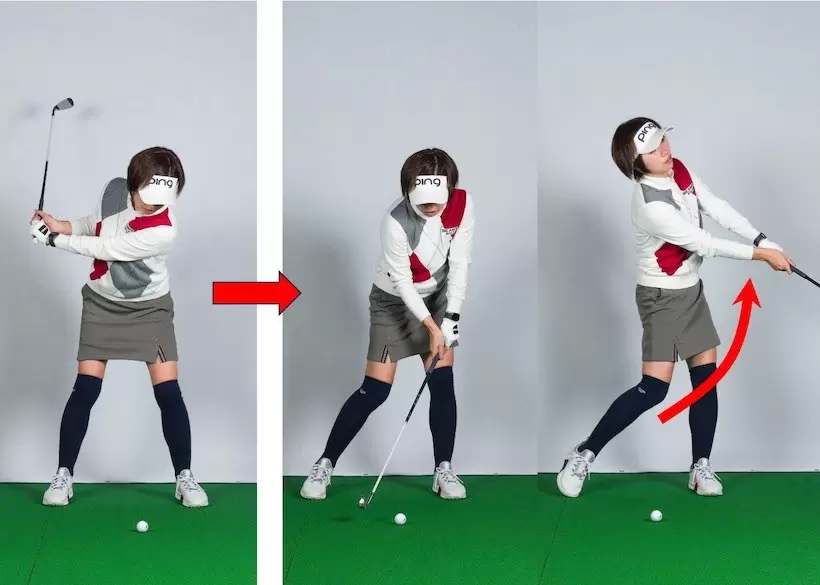 頭を残したまま切り返しからダウンスイングへ。バックスイングが浅いため上体が突っ込む格好に。これだとダフるので体を起こす負の連鎖が始まる。