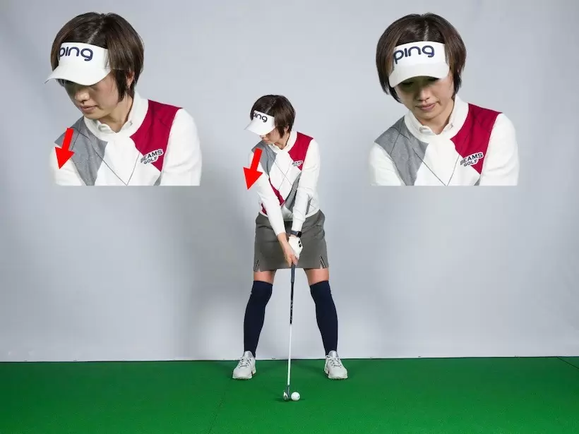 テークバックの直前に、鼻先が右ツマ先を向くように、先に顔を右に向ける