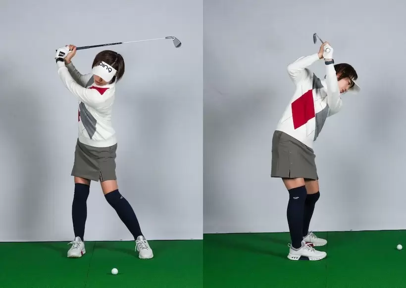 バックスイング時のリバーススパインアングル。背中が反ってしまいアドレス時に比べて後傾し、左側屈も入っている。