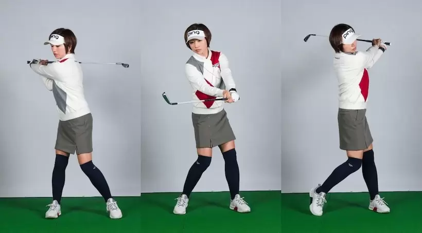 野球のバットを振るように、前傾姿勢をとらずにクラブを地面と平行に振る。前傾角度がついても同じ要領でスイングする。