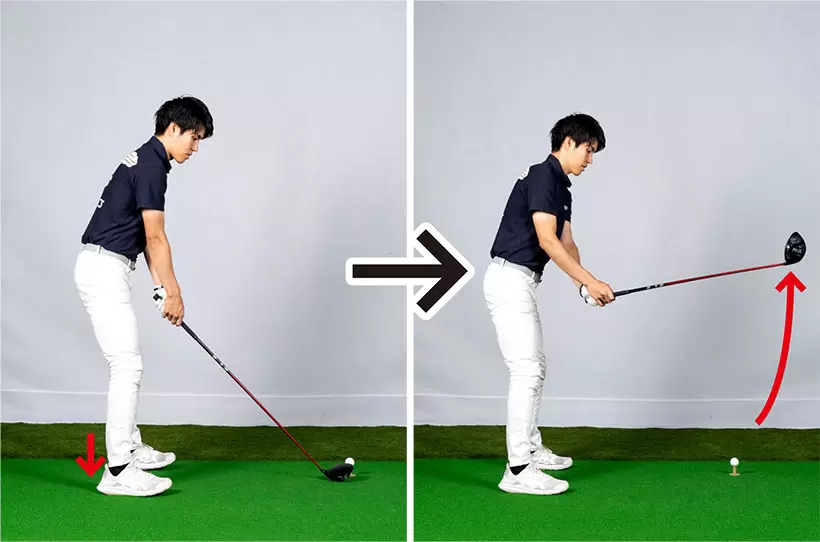 ツマ先を浮かせてカカト体重で構えればアウトサイドに上げやすい。シャフトクロス解決のヒントだ。