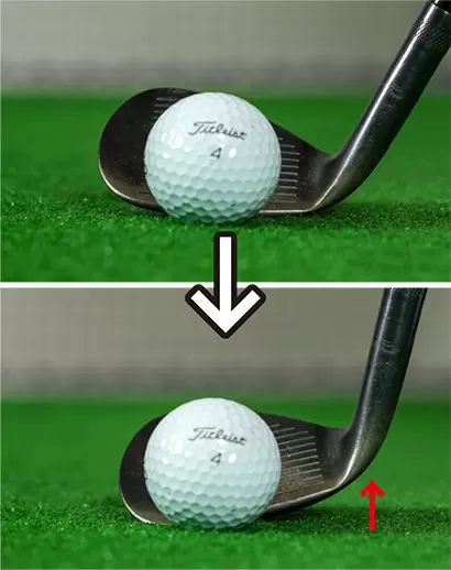 クラブヘッドのソールのヒール側を芝から浮かせてトゥ側を立てるのがポイント。