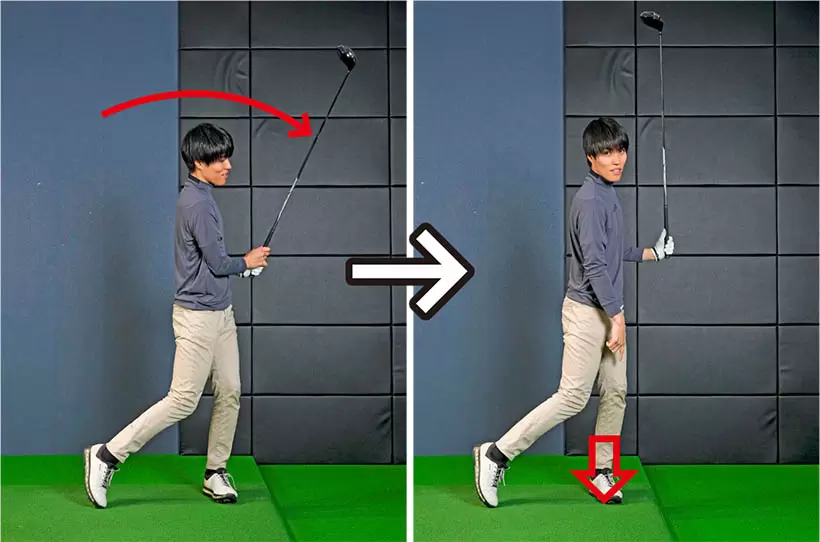 フィニッシュまで振り抜いた後にクラブを胸の前に戻すのもOK。ただし左足に体重が乗った体勢をキープすることが条件だ。