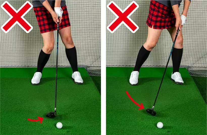 下からすくい打ったり（左）上から打ち込みすぎたり（右）するのはミスの原因だ。