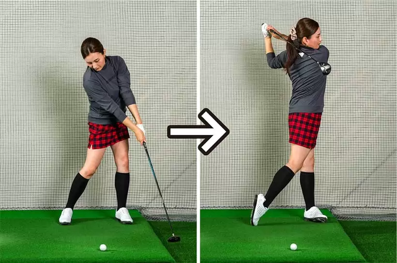 素振りをスタートした地点にクラブヘッドを出し、その流れでフィニッシュへと振り抜く。