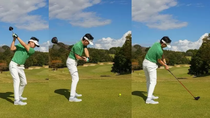 切り返しのタイミングでは右ハンドルをきるのが正解。クラブがインサイドから下りてアウトサイド・インが解消する。