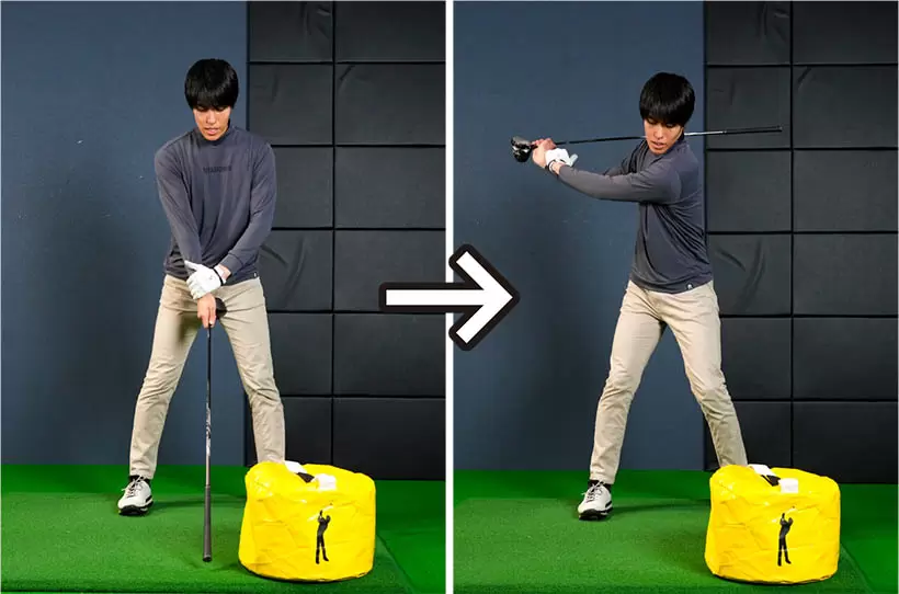 左手を右手首に添えて叩く練習をしよう。この動きがゴルフスイングの理想形となる。