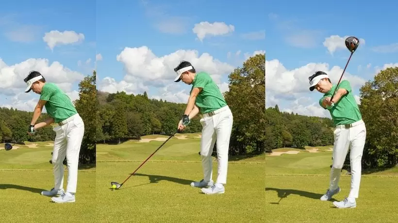 切り返しからダウンスイングで左カカトに体重を乗せるとスムーズに体重移動ができる。体もクルッと回って前のめりにならない