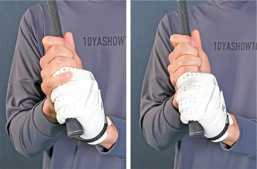 兼濱開人コーチのオーバーラッピンググリップ（左）。初心者のうちは違和感の少ないテンフィンガーグリップ（右）がオススメだ。