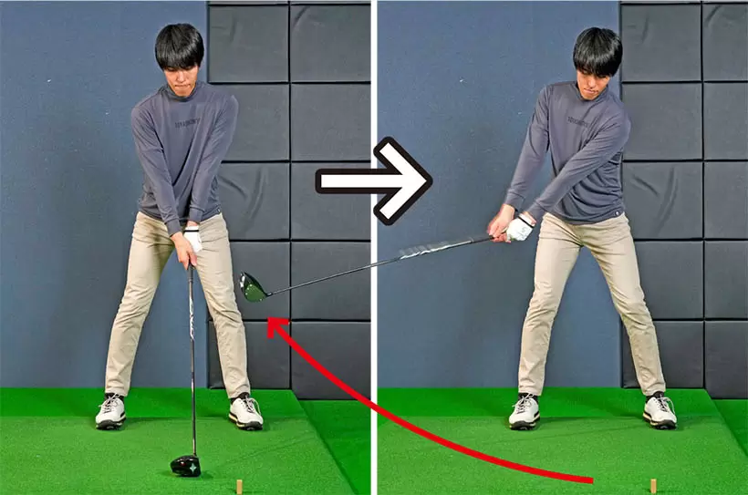 アドレスの姿勢を作り、大きな円を描くつもりでバックスイング。クラブはドライバーがベストだ。