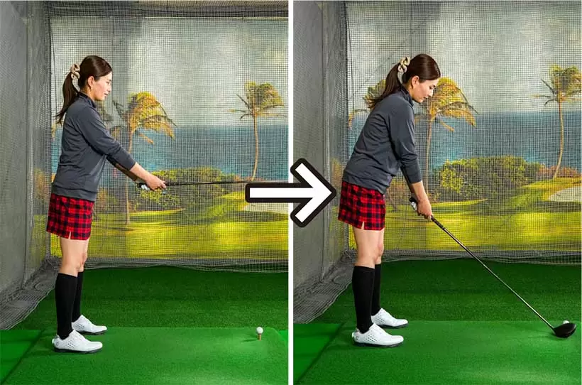 クラブを真っすぐ下ろした段階では右肩と右ヒジが少し前に出た状態。