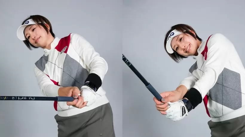 左手首にリストバンドをはめてスイング。フォローで右手首がリストバンドに触れるようにすればフェースターンができている