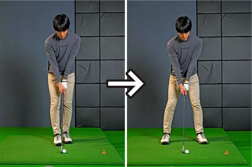 左手を握ってから左足、右足の順でスタンスの位置を決める。