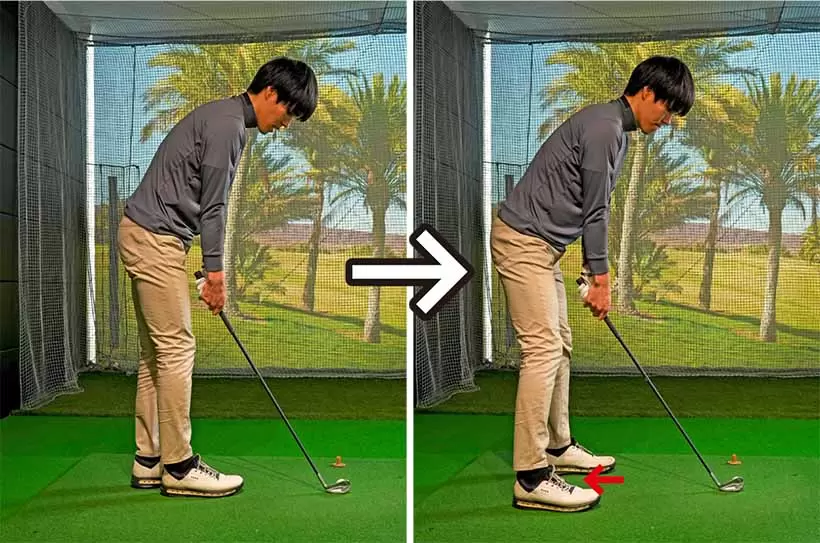 両手をグリップし、ボールを打ちやすい位置まで両足を少し後ろに下げる。この所作をルーティン化するといい。