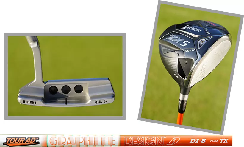 写真は松山英樹が使用している実物。パターには『HIDEKI』の刻印が入っている。ドライバーのシャフトスペック（DI-8 TX）は日本では未発売だが、海外からの直輸入で購入している人は多い。