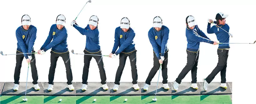（1）スローモーションはアイアンでもできるが、最初は球がつかまって上がりやすいSWがオススメ。（2）レッスン記事の連続写真のようにゆっくりとていねいに振る。（3）トップの大きさはフルショットと同じ。胸