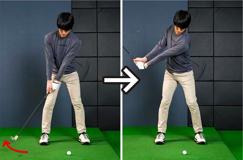 クラブの重さを感じておけばテークバックの始動がスムーズになり、パワーの出力の効率がよくなる。