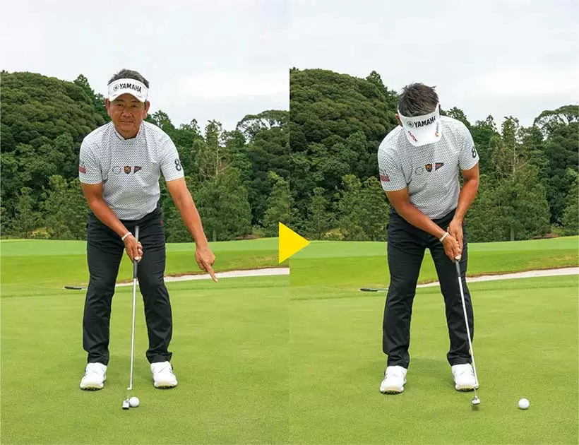 グリーンの傷痕や芝の濃淡などをスパットにして、ボールの30～50センチくらい先に設定する。ロングパットはやや遠めに、ショートパットは近くに設定してもOK。