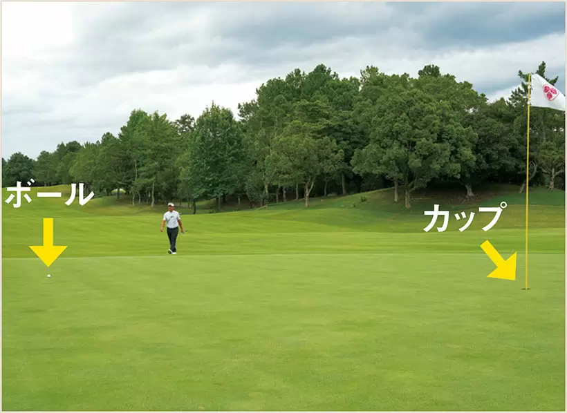 カップとボールの位置関係（高さと距離）を見て、上りか下りか、フックラインかスライスラインかを予測する。