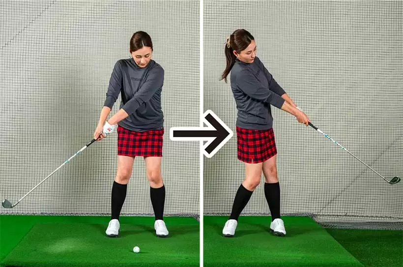 クラブをきちんと止めようとすると手首が硬くなりやすいので注意。