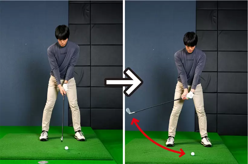 クラブヘッドをテークバック方向に数回動かすワッグルがキレイなバックスイングのヒントになる。