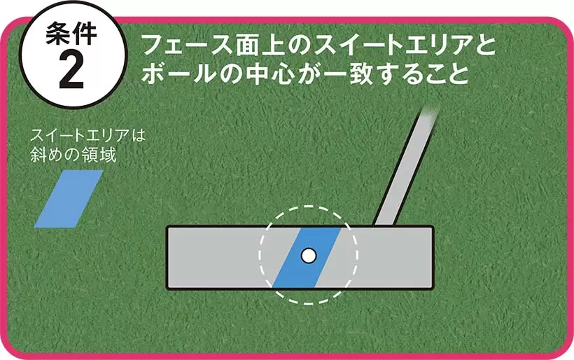 グリップをつまんで木槌などでフェースを叩くとヘッドがブレないところがある。これがフェース面上のスイートエリア。図のようにフェースに斜めに広がっている。