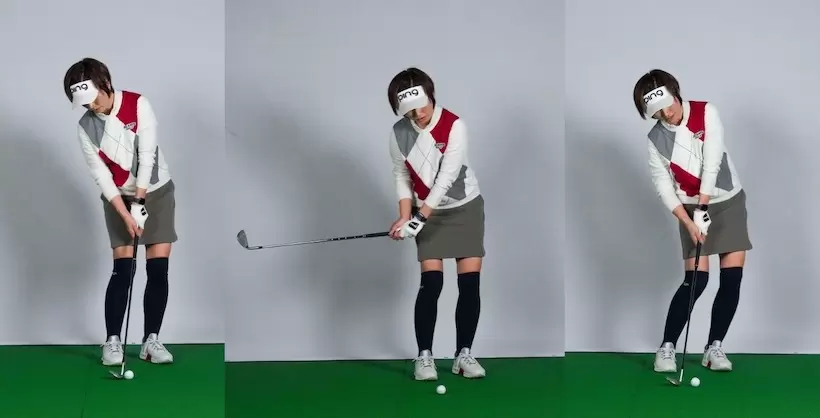 修正前のTさんのアドレス。右足寄りに置いたボールに対して上体を右に傾けていた。ストロークで右サイドが下がるため、ボールが右にあってもヘッドが手前に落ちてダフり、それを嫌ってトップになっていた。