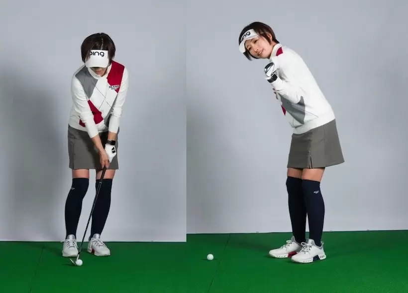 修正後のTさんのアドレス。真っすぐ立った状態から、やや左に傾く感じの構えに変更。足元から胸まではオープン、肩のラインのみスクエアにした。