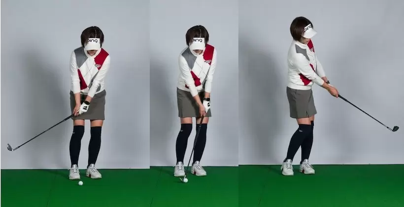 肩のラインだけスクエアに構えるとダウンブローのインパクトと同じ形になる。インパクトでアドレスに戻ればボールの先の芝が削れる。切り返し以降は上体が左に傾く感じがあってもいい。