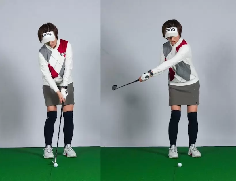 Yさんの修正前のストローク前半。手でクラブを上げることで始動し、バックスイングではクラブを寝かせフェースを開きながらインサイドへ引いていた。