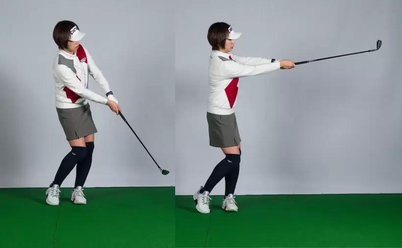 フォローからフィニッシュでも手がリード。手元が体から遠く離れてワキが空く格好になっていた。