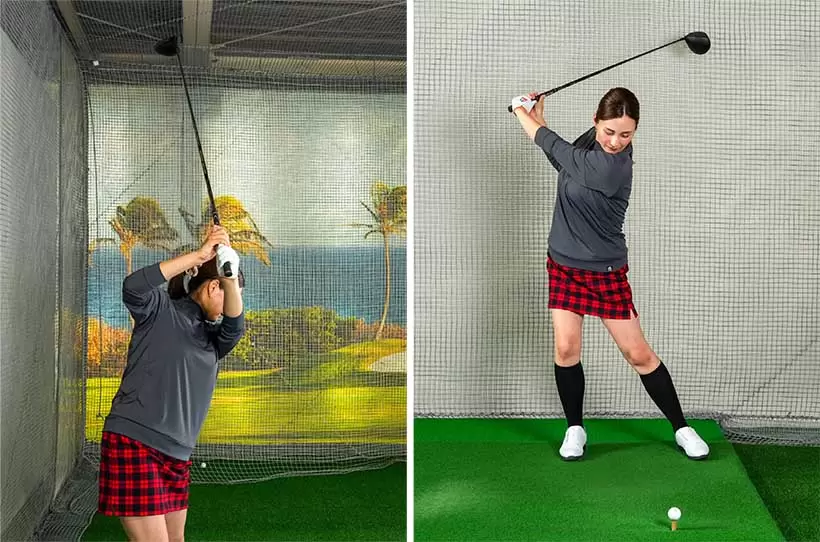 クラブを高く上げすぎたり（左）カラダを右に揺さぶったり（右）するとトップの位置が安定しにくい。