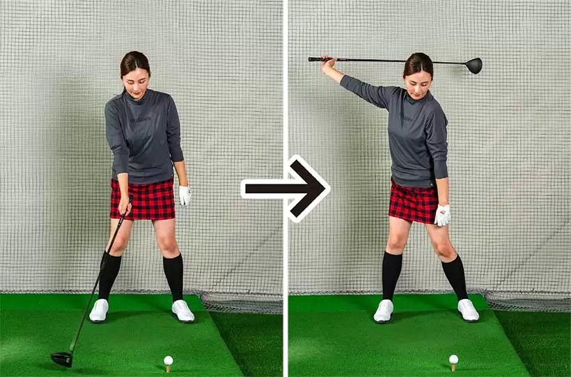 右手だけでクラブを持ち、トップの方向にクラブを上げていこう。