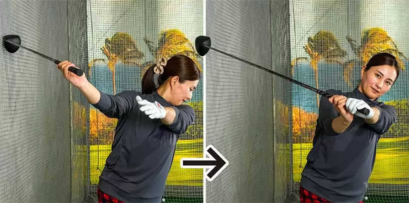 右肩をしっかり回し、左腕をすっと伸ばすことでストレッチ効果も高い。