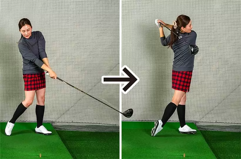 トップの体勢からフィニッシュまでの素振りを繰り返すと正しいスイングのイメージがつかめる。