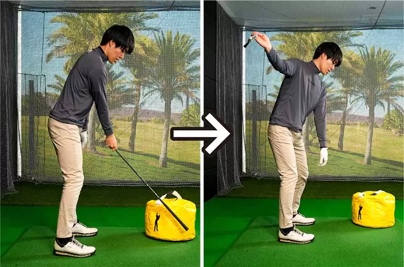 バックスイングの動きよりも、叩けるトップを作ることがより重要だ。