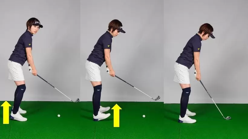 アドレスでバランスよく立つのもポイントのひとつ。ツマ先側、カカト側と交互に体重をかけ、バランスよく立てる重心位置を見つけよう