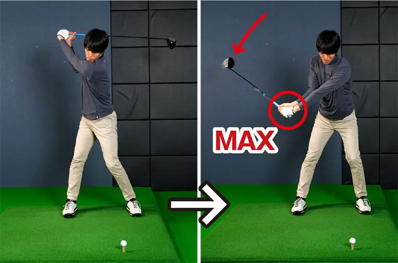 トップから切り返していくときはパワーの出力のタイミングが重要なポイント。