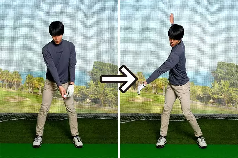 ボールを右手に持ち、バックスイングの要領で振り上げる。