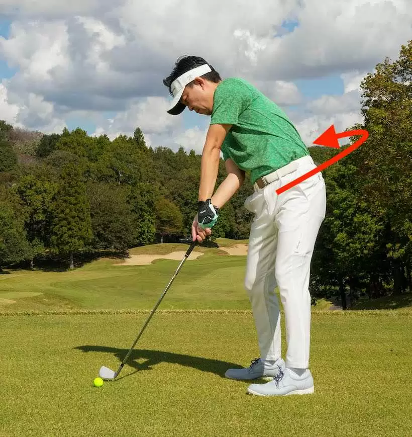 左腰が回り続ければ、左肩が高くなっても伸び上がりにならず、インパクト前後で手の高さを変えずに打てる