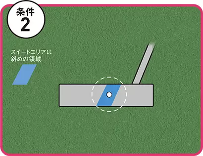 グリップをつまんで木槌などでフェースを叩くとヘッドがブレないところがある。これがフェース面上のスイートエリア。図のようにフェースに斜めに広がっている。