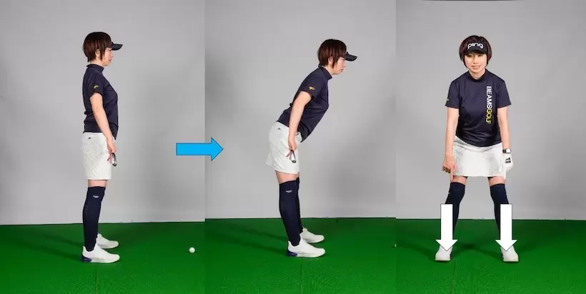 足の付け根にクラブを当て、そこから上を前傾させてもOK。こうすることで母指球に体重が乗る